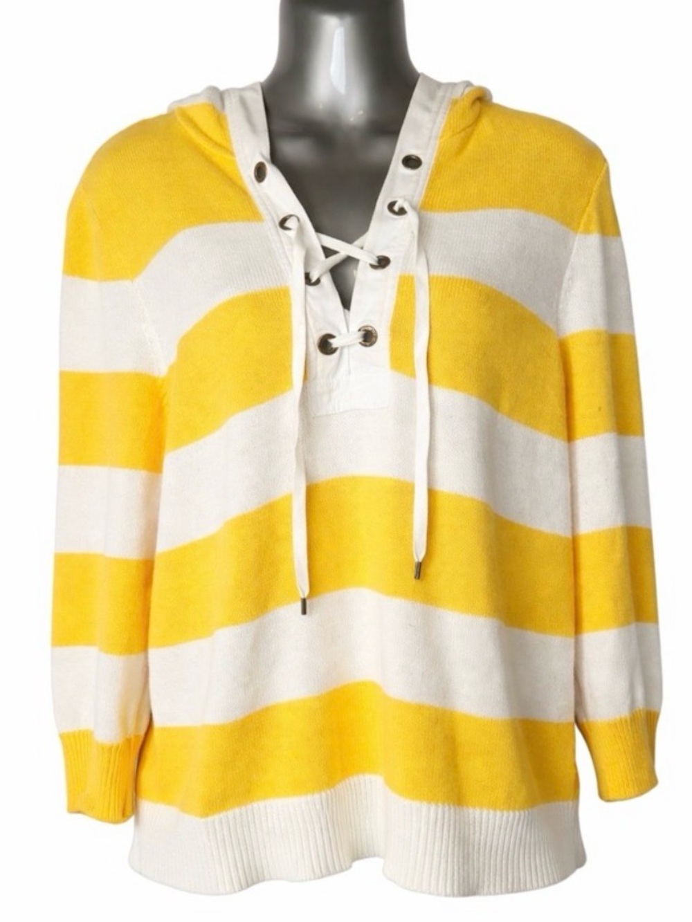 Lauren Ralph‎ Lauren Yellow White Striped Lace Up Hooded Cotton Sweater Large